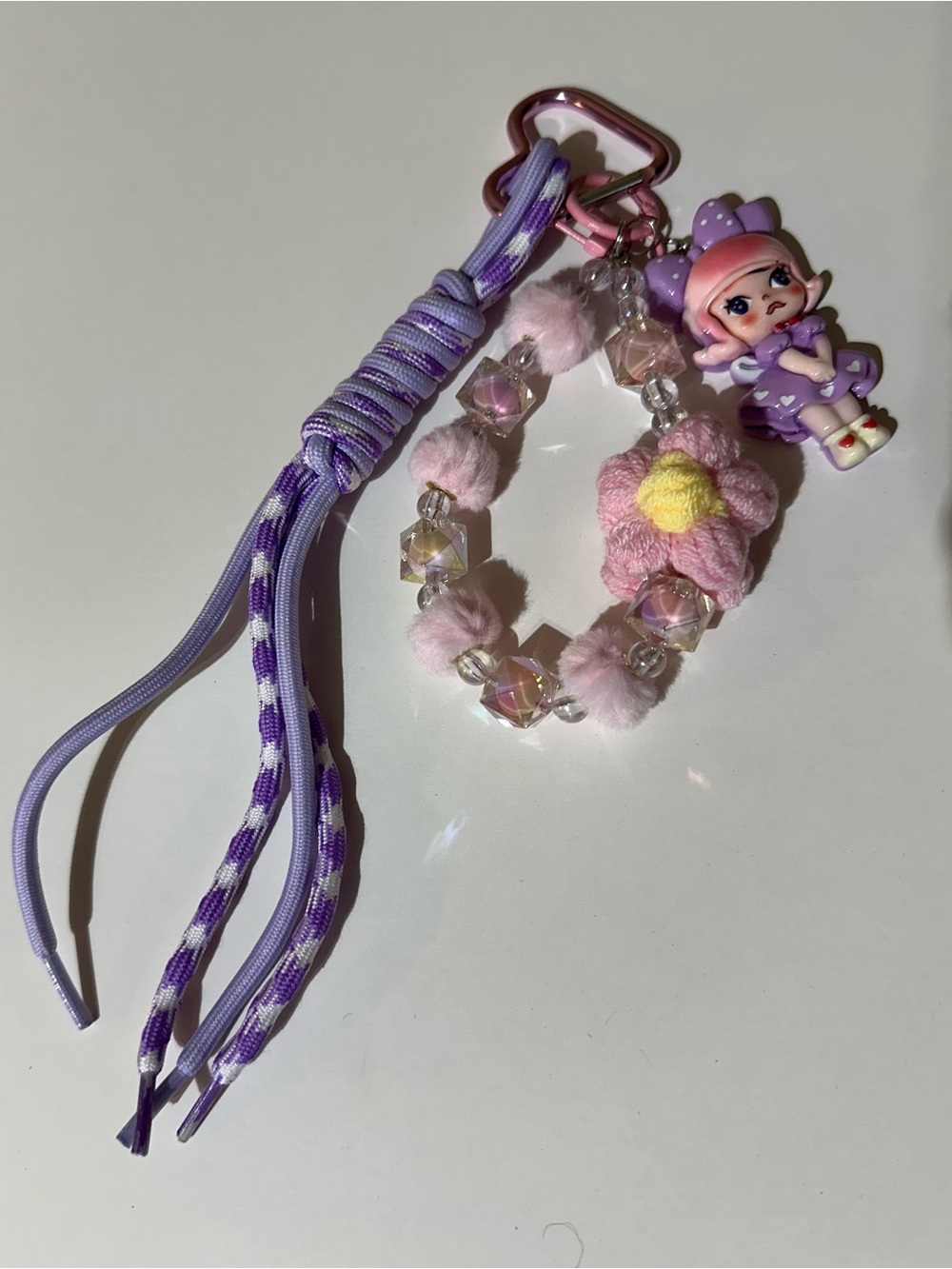 Cute Purple Plush Flower Keychain Charm with Doll Accent